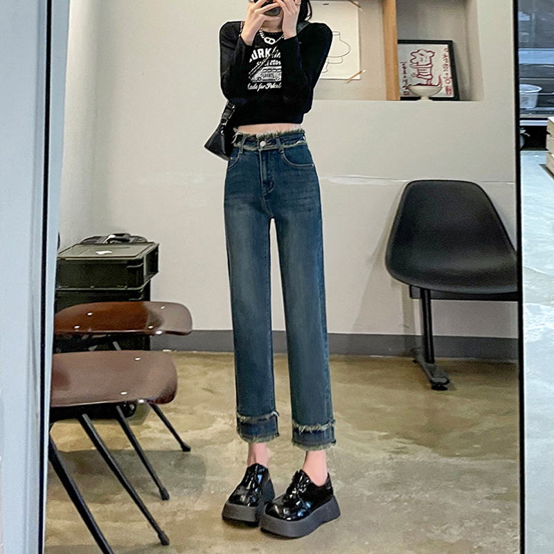 Narrow straight jeans for fat girls plus size high waist slim cigarette pants raw edge pants