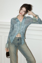 French retro hottie shirt for women, spring and autumn new waistline niche design top trendy