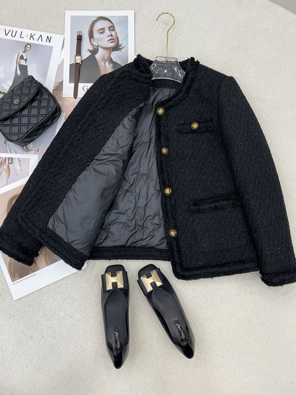 New Xiaoxiangfeng small thickened warm short coat tweed women's down jacket white duck down