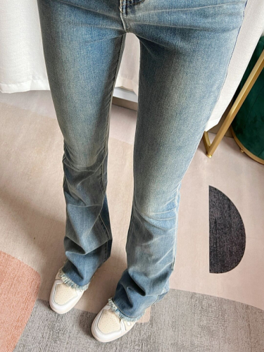 Raw edge jeans for women plus size fat mm high waist straight elastic slim fit pear-shaped body slightly flared pants