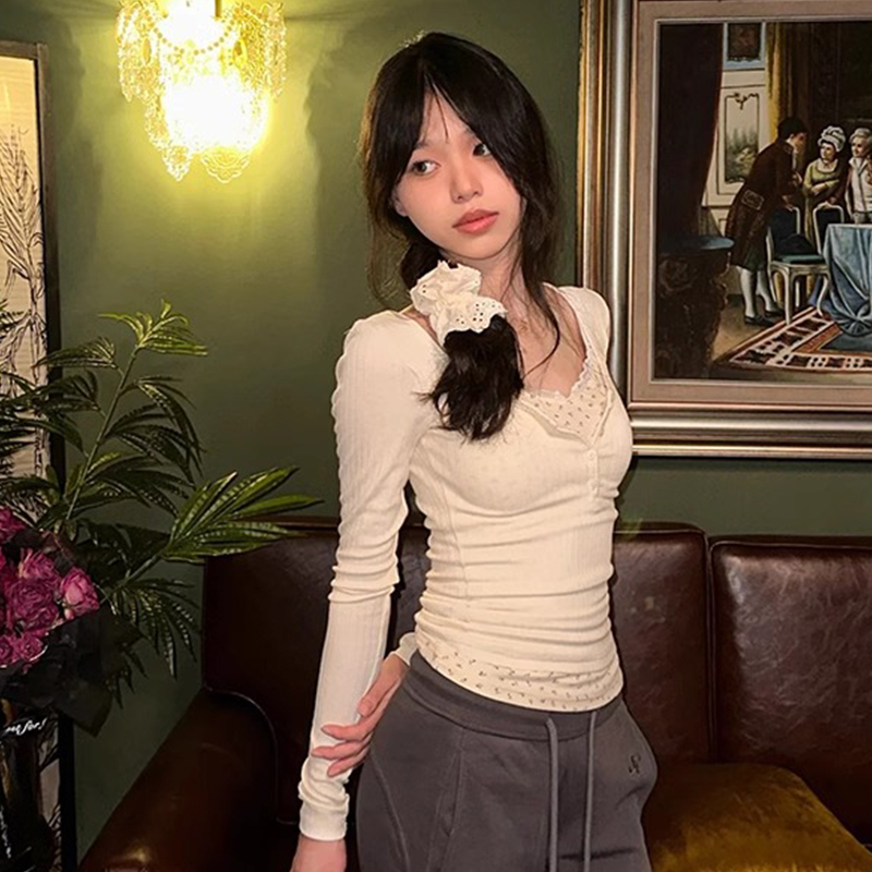 White lace floral inner bottoming sweater autumn and winter slim fake two-piece long-sleeved T-shirt women's top