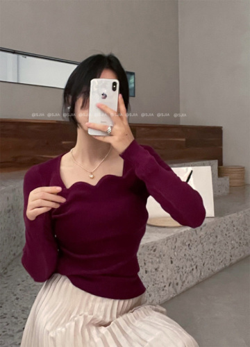 Korean chic plum purple lace wavy square collar pit strip knitted bottoming shirt 4 colors