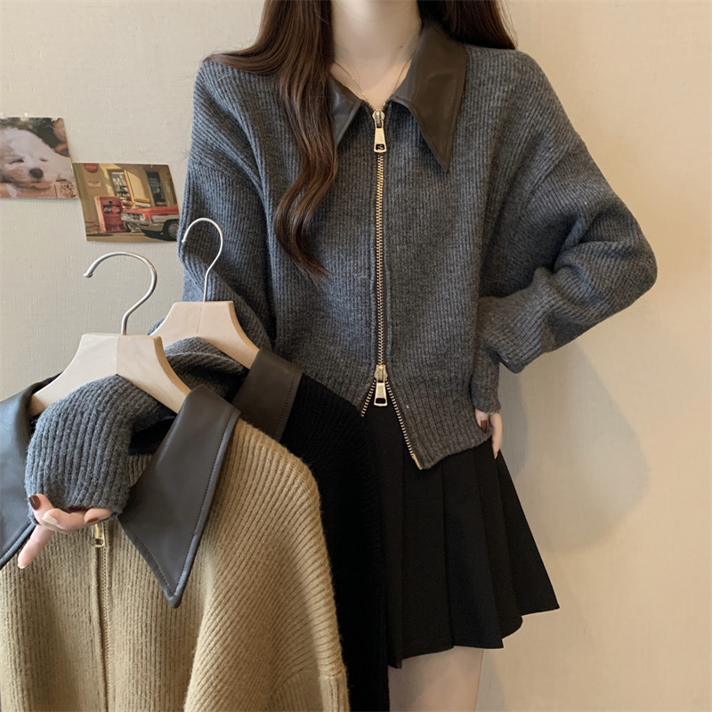 Plus size women's design leather double zipper knitted jacket foreign style short soft waxy sweater cardigan