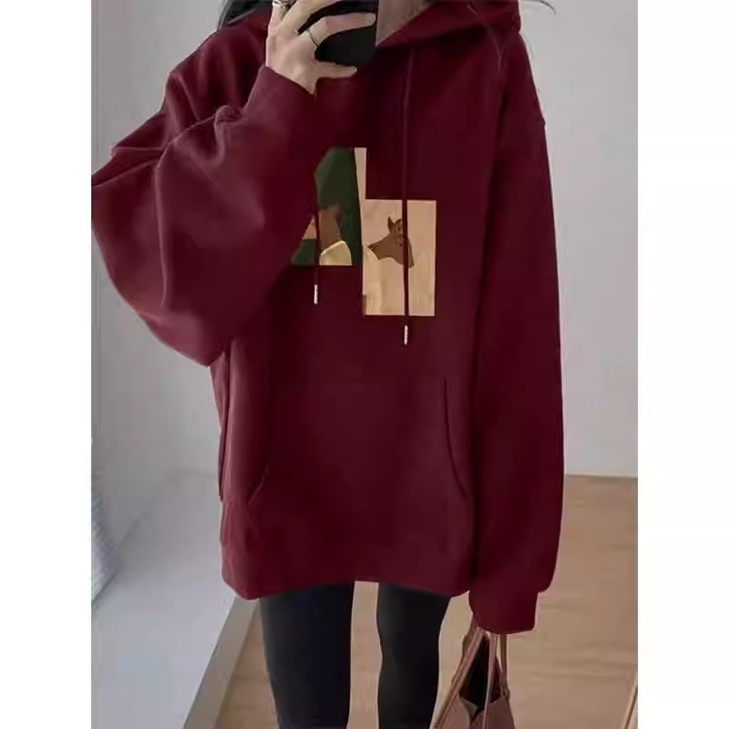 Retro hooded sweatshirt women's new American trendy brand plus velvet bestie jacket ins trendy winter festive top