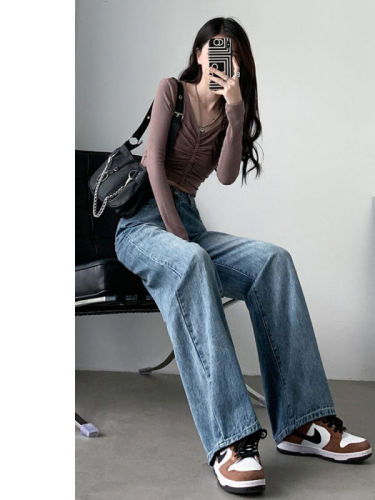 Spot retro wide-leg jeans for women, high-waisted and drapey autumn and winter new models for small people, slim and versatile straight-leg floor mopping pants