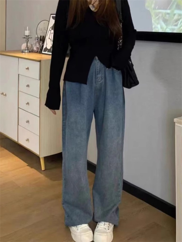 Pear-shaped body adjustable straight jeans for women, plus size, early autumn, fat mm design, high waist, hip-covering wide-leg pants