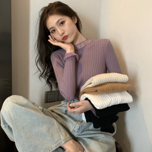 Spring and Autumn Korean style new slim fit mesh splicing half turtleneck bottoming long-sleeved sweater tops for women