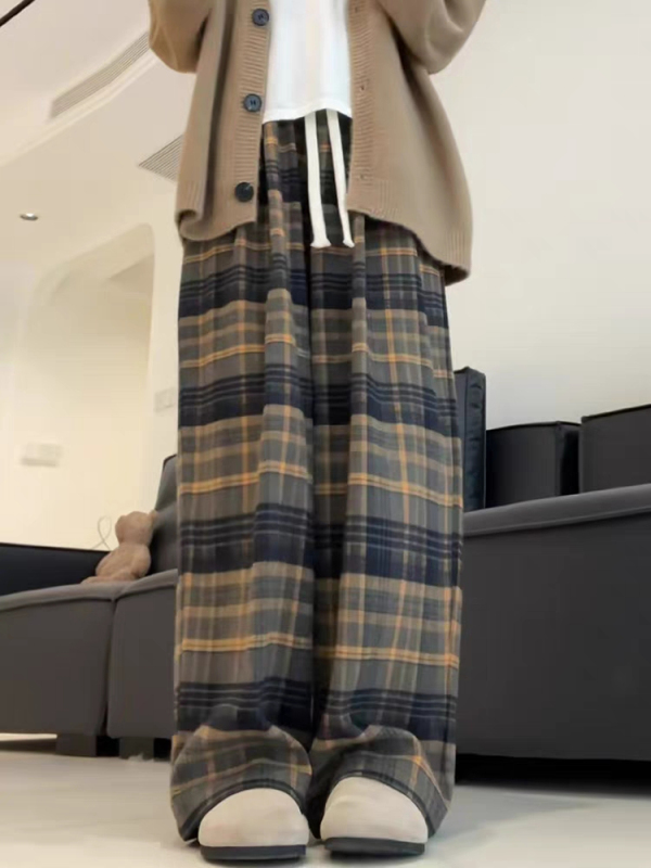 Original spot retro plaid wide-leg pants for women autumn and winter new student Korean version loose straight casual pants