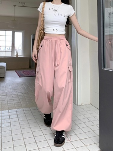 Solid color overalls American casual pants women's summer new high-waist straight design wide-leg pants