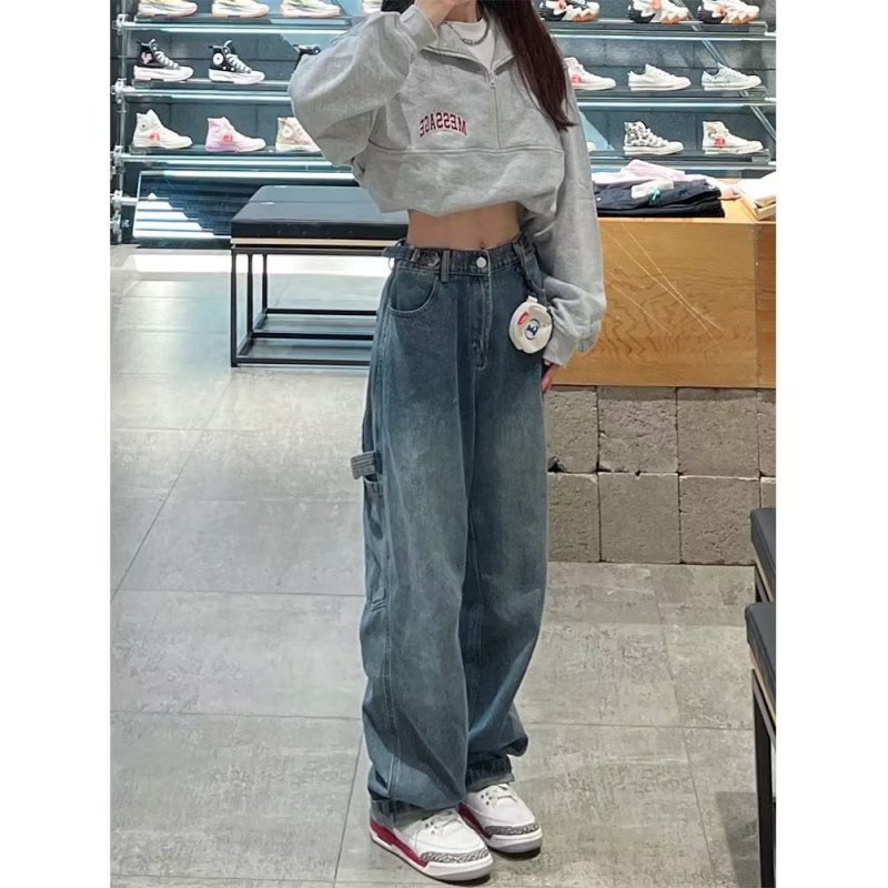 Blue straight jeans for women in spring and autumn high waist large size new fat mm loose slimming niche design wide leg pants