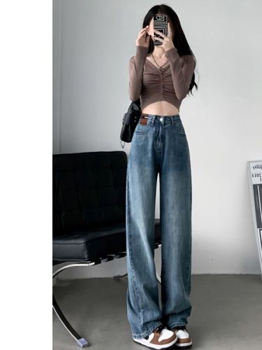 Spot retro wide-leg jeans for women, high-waisted and drapey autumn and winter new models for small people, slim and versatile straight-leg floor mopping pants