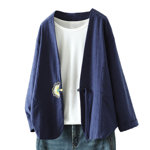 New cotton and linen fan embroidered bead button cardigan for women Chinese style retro literary casual loose top