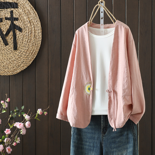 New cotton and linen fan embroidered bead button cardigan for women Chinese style retro literary casual loose top