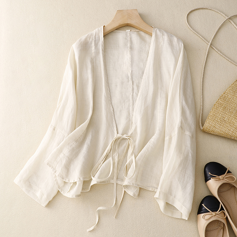Retro literary V-neck cotton and linen lace-up cardigan, sun protection shirt, loose, versatile and cool shirt to wear
