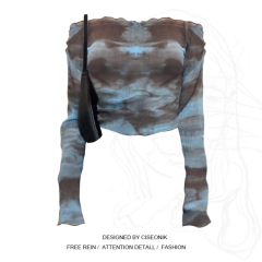 Original fabric mesh one-shoulder long-sleeved top hot girl design slim fit versatile off-shoulder short T-shirt