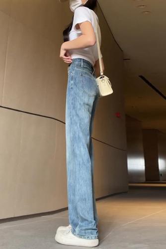 Retro straight jeans for women, spring and autumn, new style, small, high-waisted, floor-length pants, loose, narrow, wide-leg pants