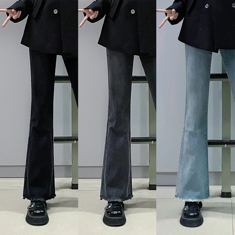 Slim raw edge slightly booted jeans for women plus size fat mm pear-shaped figure high waist stretch flared pants