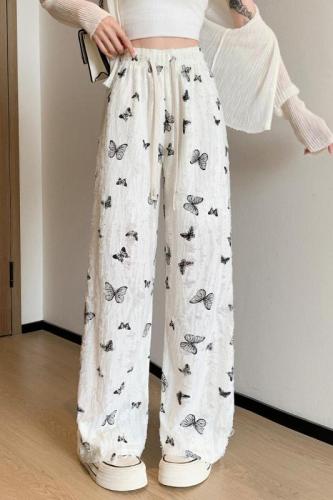 High waisted hole butterfly print casual pants for women summer new design drape straight wide leg pants