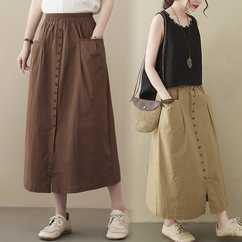 Cotton and linen skirt women's mid-length new style artistic retro loose slimming A-line skirt