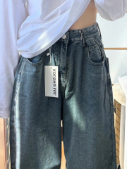 American Retro Blue Wide Leg Jeans Women's Spring and Autumn New Loose High Waist Slim Drape Straight Pants