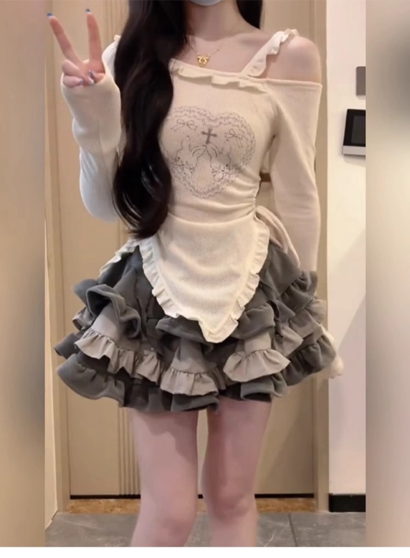 Original Douyin quality autumn and winter outfit beige top super heavy duty T-shirt