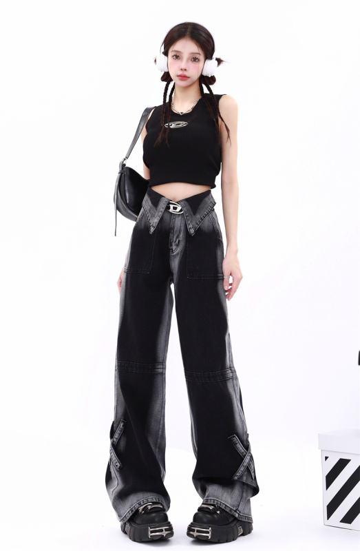 Dopamine Wear Jeans Women's High Waisted Wide Leg Pants Summer High Street Cuffed Design Floor-Mopping Pants Trendy