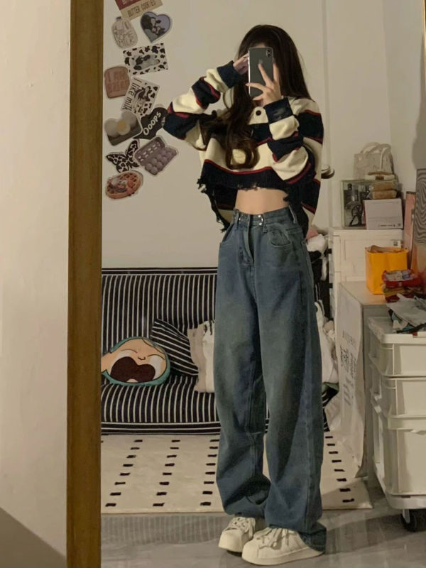 Designed jeans for women in spring and autumn high waist slim American vibe retro straight wide leg floor mopping pants i trendy