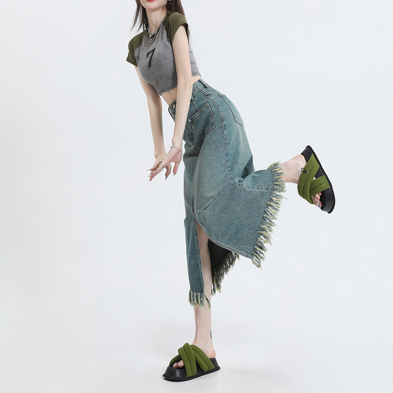 Women's denim skirt mid-length new style high-waist slimming raw edge A-line hip skirt