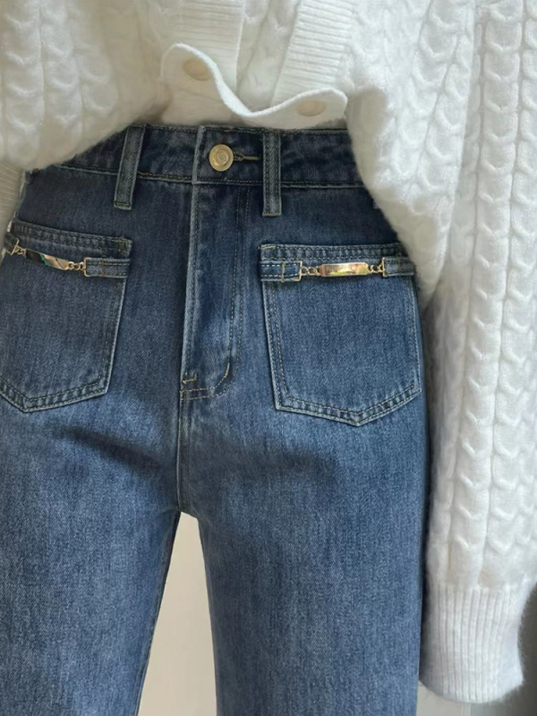 Blue straight-leg jeans for women in spring plus size fat mm high-waisted loose slim narrow version wide-leg pear-shaped body pants