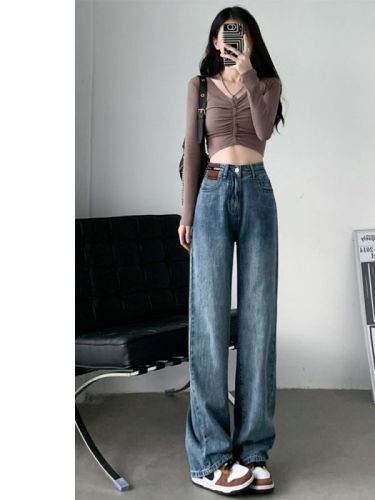 Spot retro wide-leg jeans for women, high-waisted and drapey autumn and winter new models for small people, slim and versatile straight-leg floor mopping pants