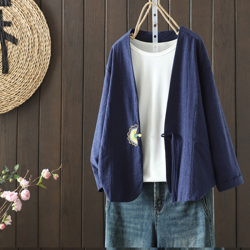 New cotton and linen fan embroidered bead button cardigan for women Chinese style retro literary casual loose top