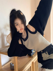 Color block camisole + knitted versatile blouse jacket