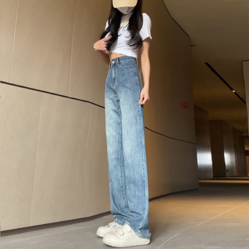 Retro straight jeans for women, spring and autumn, new style, small, high-waisted, floor-length pants, loose, narrow, wide-leg pants