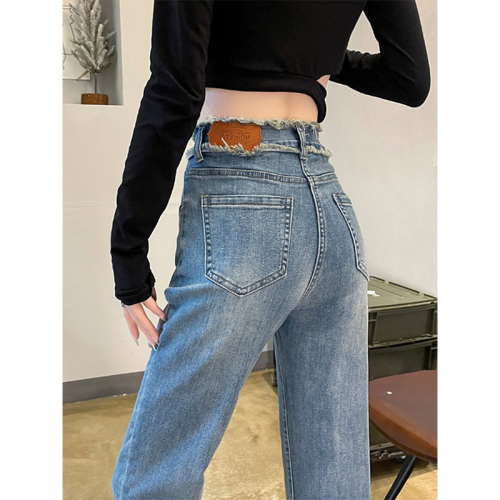 Narrow straight jeans for fat girls plus size high waist slim cigarette pants raw edge pants