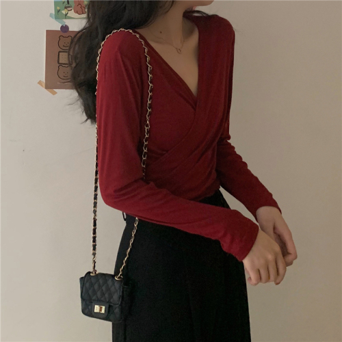 V-neck solid color strappy short top thin slim fit sun protection inner layering shirt