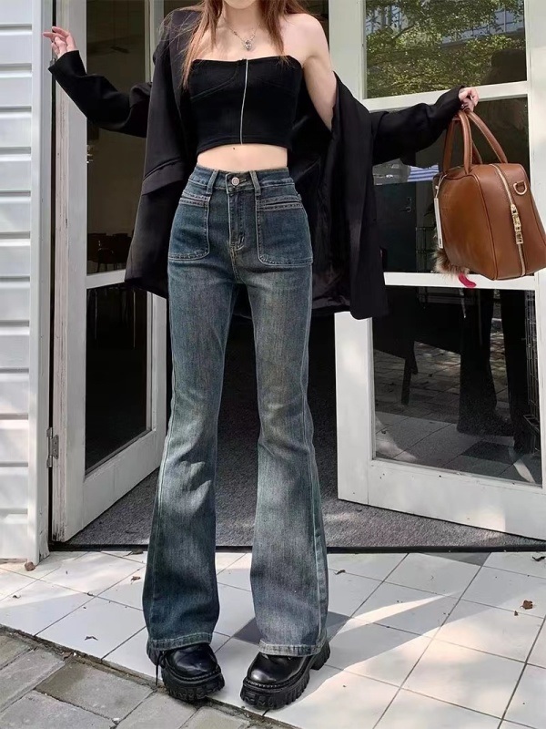 Autumn and winter fat girl cement gray slim fit micro-flared wide-legged large-size elastic bell-bottom jeans women's trousers