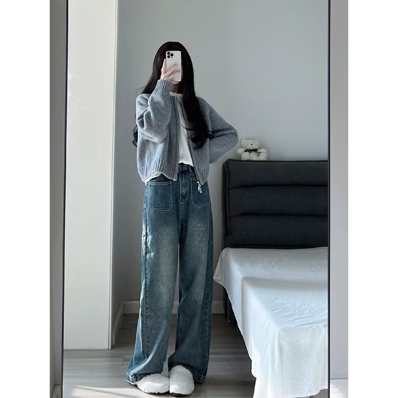 Pear-shaped body floor-length jeans for women, niche large size, loose, slimming, hip-covering wide-leg pants