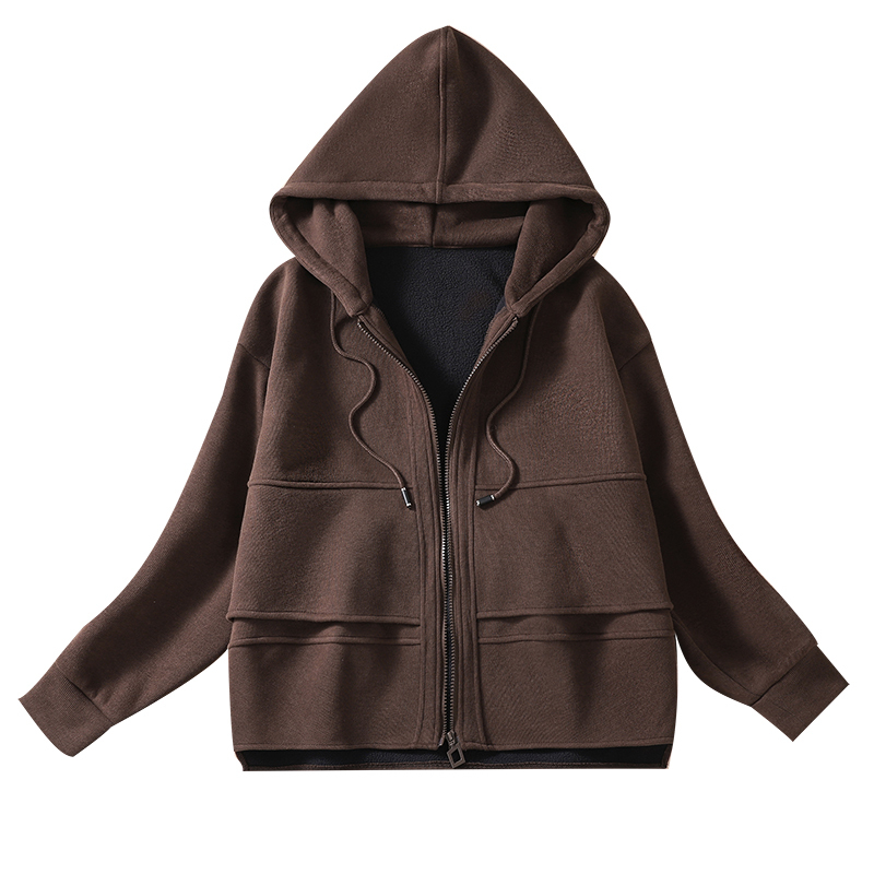 Winter new Korean style large size velvet thickened sweatshirt for women loose slimming zipper cardigan hooded jacket