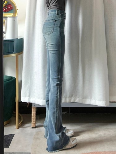 Raw edge jeans for women plus size fat mm high waist straight elastic slim fit pear-shaped body slightly flared pants