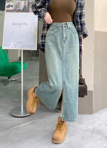 Actual shot ~ Retro washed high-waist slim denim skirt for women in spring niche design slit long skirt