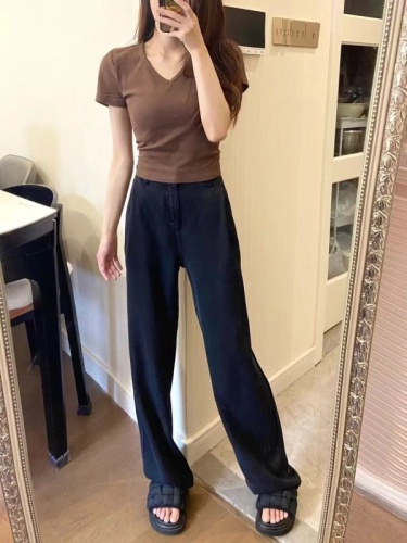 Original large size spring and summer wide-leg pants jeans for fat mm slimming butt-covering tall straight trousers  trend