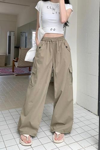 Solid color overalls American casual pants women's summer new high-waist straight design wide-leg pants