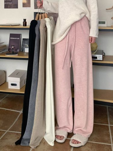 Soft waxy drawstring straight casual pants for women autumn and winter new pink high waist thickened wide leg pants floor mopping trousers