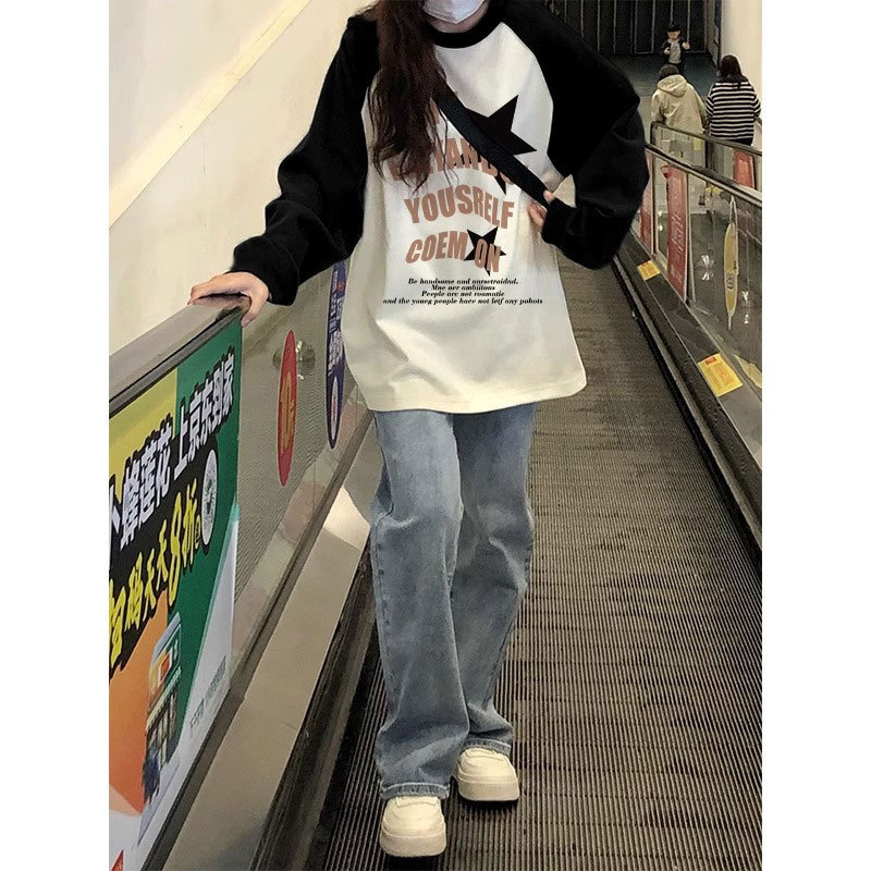 Pure cotton autumn new long-sleeved T-shirt for women Korean style raglan sleeves loose printed raglan versatile top trendy