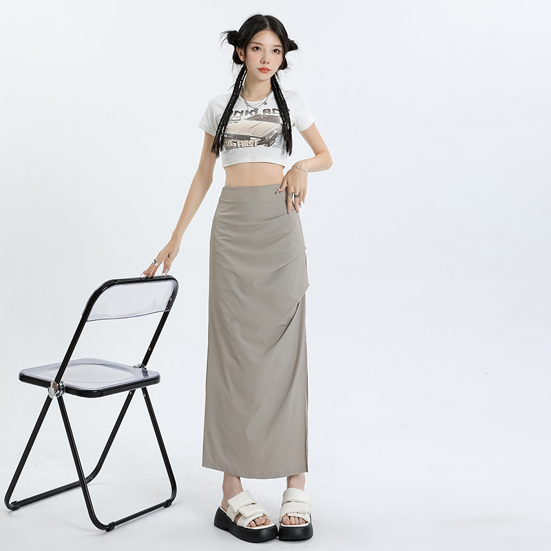 European and American high-waist pleated quick-drying slit work skirt for women summer slim hot girl long skirt slimming work skirt