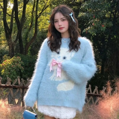 American high-end milk blue mink velvet cat bow sweater for women in autumn and winter, loose, soft and waxy chic top