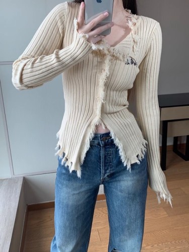 YUNYIHUI Yunyihui American Hot Girl Tassel Brown Cardigan Sweater Jacket Women's Woolen Bottoming Shirt Autumn