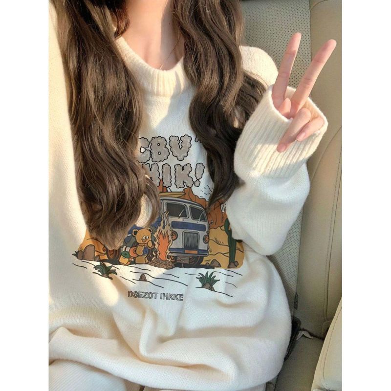 Soft and glutinous sweater for women in autumn and winter, lazy and thickened, gentle and Hong Kong style retro chic knitted top