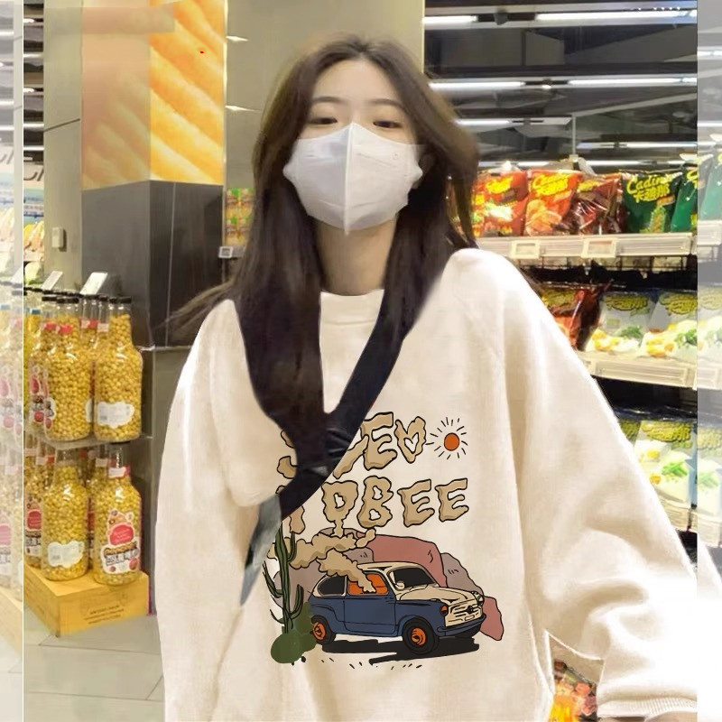 Pure cotton Chinese cotton 320g round neck sweatshirt for women autumn thin winter thickened silver fox velvet 420g round neck sweatshirt for women