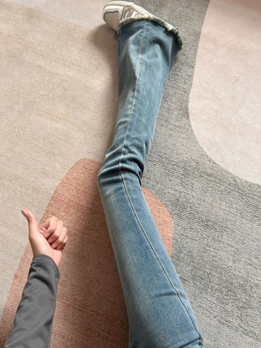 Raw edge jeans for women plus size fat mm high waist straight elastic slim fit pear-shaped body slightly flared pants